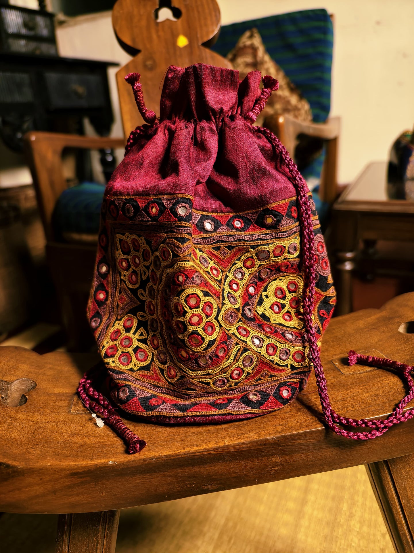 Maroon Kutch Hand-Embroidered Mirror Work Potli Bag